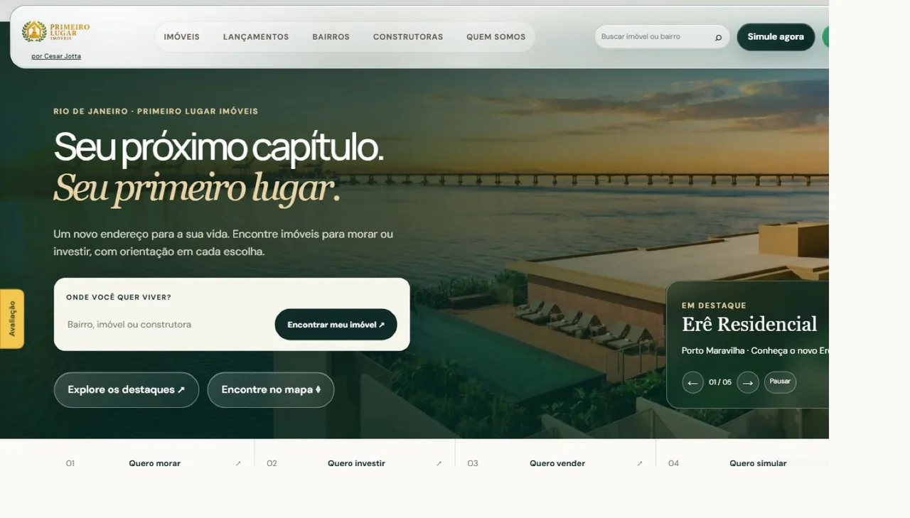 Print da página inicial de Primeiro Lugar Imóveis, exemplo de site no portfólio de Soluções Digitais