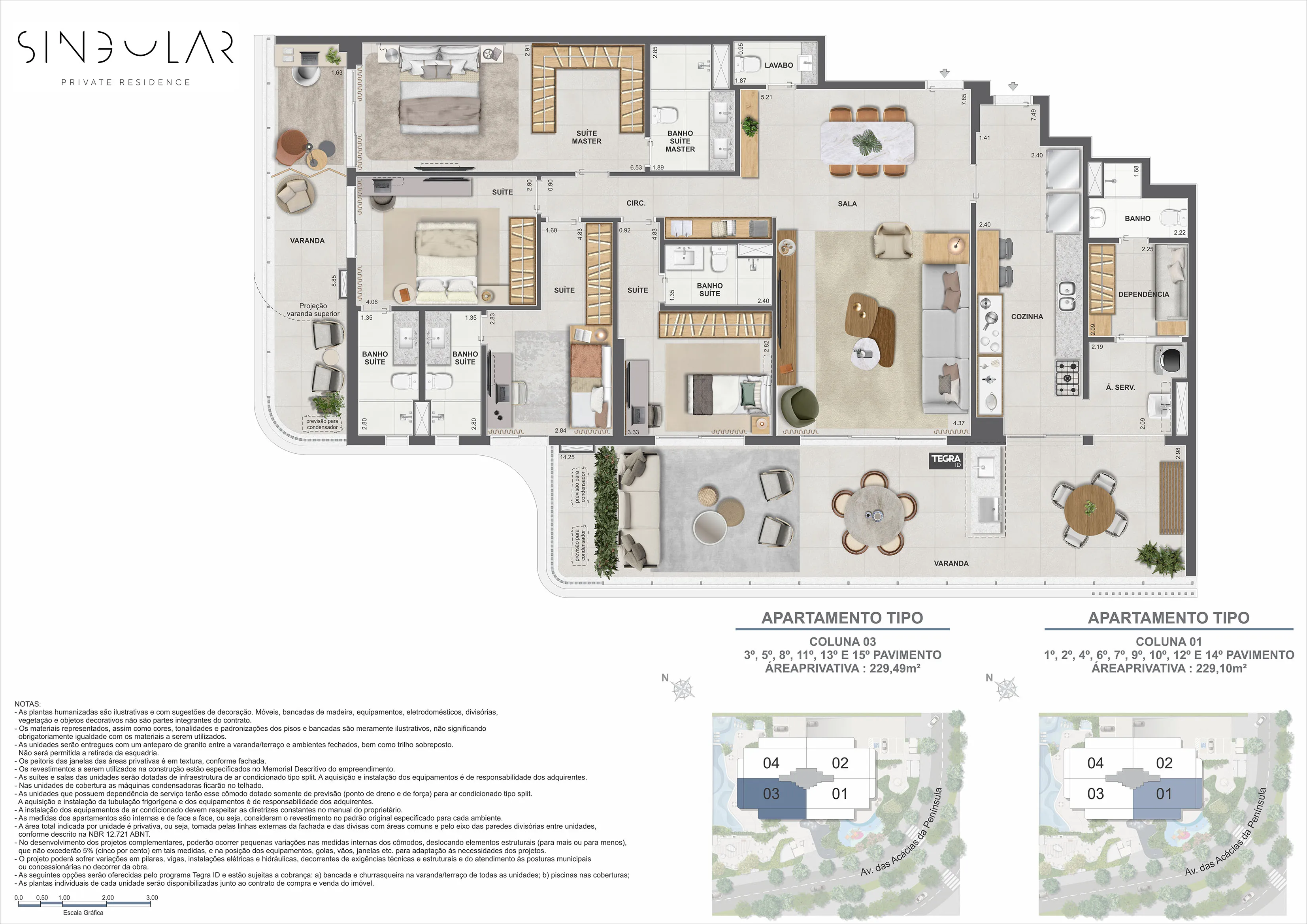 Planta Tipo Coluna 3 Vista Lagoa – 229m² – Singular – Península, Barra da Tijuca – GPS -23.008700 -43.369100 – Tegra